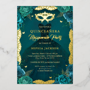 Invitación Con Relieve Metalizado Vestido floral de fiesta de disfraz de Teal Quince