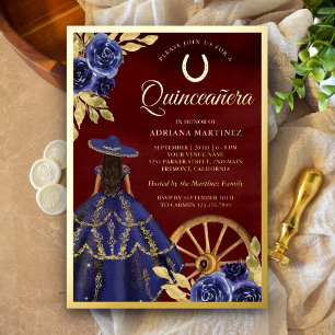 Invitación Con Relieve Metalizado Vestido Floral de Marina Burgundy Charro Quinceañe