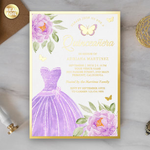 Invitación Con Relieve Metalizado Vestido Floral Lila Mariposa Quinceañera Dorado