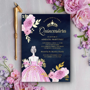 Invitación Con Relieve Metalizado Vestido Floral Morado Princesa Azul Quinceañera Or