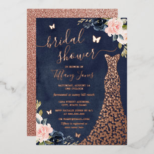 Invitación Con Relieve Metalizado Vestido Floral Navy Rosa Dorado Bridal Shower