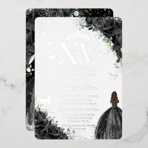 Invitación Con Relieve Metalizado Vestido Floral Negro Quinceañera Quince 15 XV Plat