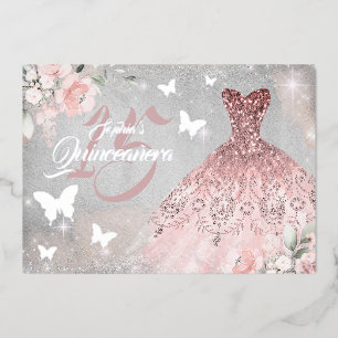 Invitación Con Relieve Metalizado Vestido floral parachoques mariposa rosa Quinceane