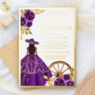 Invitación Con Relieve Metalizado Vestido Floral Púrpura Charro Quinceañera Dorado