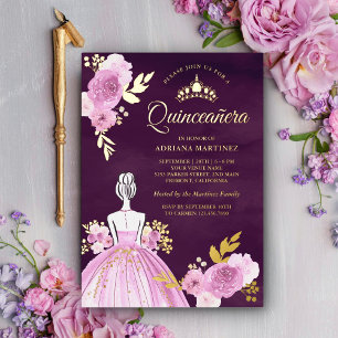 Invitación Con Relieve Metalizado Vestido Floral Púrpura Princesa Ciruela Quinceañer