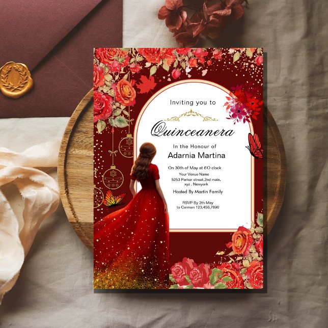 Invitación Con Relieve Metalizado Vestido floral rojo mariposa Quinceanera oro (Subido por el creador)
