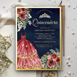 Invitación Con Relieve Metalizado Vestido Floral Rojo Marsala Quinceañera Azul Marin