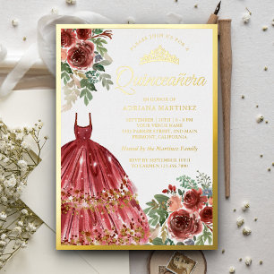 Invitación Con Relieve Metalizado Vestido Floral Rojo Marsala Quinceañera Dorado