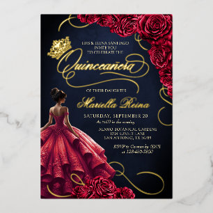Invitación Con Relieve Metalizado Vestido floral rojo Quinceañera