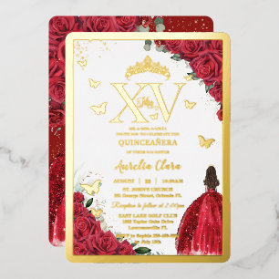 Invitación Con Relieve Metalizado Vestido Floral Rojo Quinceañera Quince 15 XV Dorad