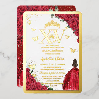 Invitación Con Relieve Metalizado Vestido Floral Rojo Quinceañera Quince 15 XV Dorad