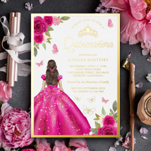 Invitación Con Relieve Metalizado Vestido floral rosa caliente mariposa Quinceanera 