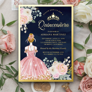 Invitación Con Relieve Metalizado Vestido Floral Rosa Claro Quinceañera Azul Marino