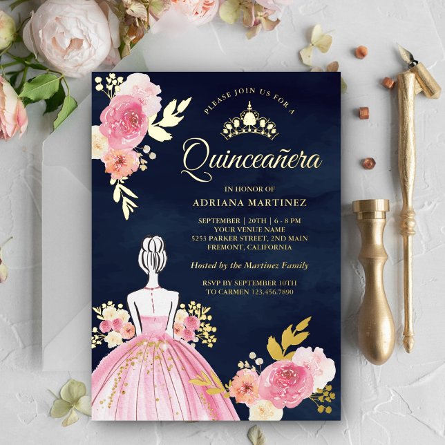 Invitación Con Relieve Metalizado Vestido floral rosa Princesa Marina Quinceanera Go (Subido por el creador)