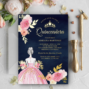 Invitación Con Relieve Metalizado Vestido Floral Rosa Princesa Quinceañera Azul Mari