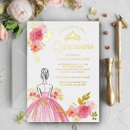Invitación Con Relieve Metalizado Vestido Floral Rosa Princesa Quinceañera Dorado