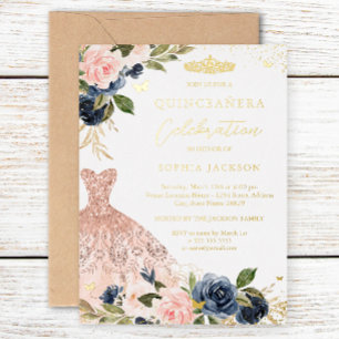 Invitación Con Relieve Metalizado Vestido Floral Rosa Rosado Azul Marino Quinceanera