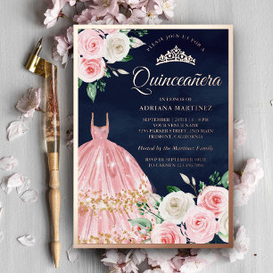 Invitación Con Relieve Metalizado Vestido Floral Rosa Rosado Quinceanera Azul Marino