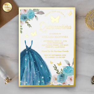 Invitación Con Relieve Metalizado Vestido floral turquesa Mariposa Quinceanera Gold