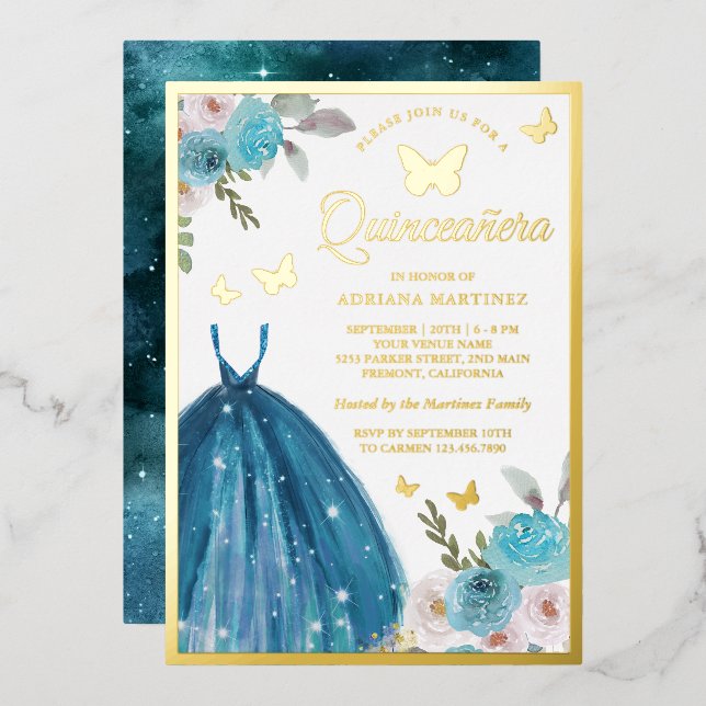 Invitación Con Relieve Metalizado Vestido floral turquesa Mariposa Quinceanera Gold (Anverso/Reverso)