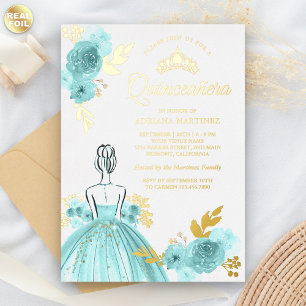 Invitación Con Relieve Metalizado Vestido floral verde azulado Princesa Quinceanera 