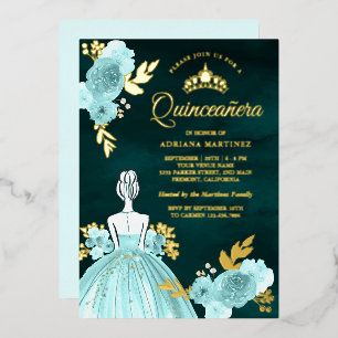 Invitación Con Relieve Metalizado Vestido floral verde azulado Princess Green Quince