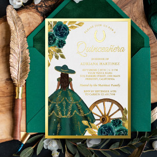 Invitación Con Relieve Metalizado Vestido floral verde esmeralda Charro Quinceanera 
