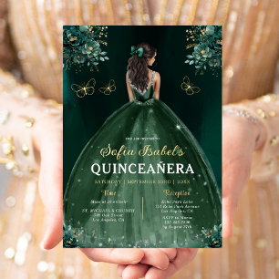 Invitación Con Relieve Metalizado Vestido Floral Verde Esmeralda Cumpleaños Quinceañ