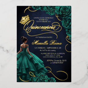 Invitación Con Relieve Metalizado Vestido floral verde esmeralda Quinceañera