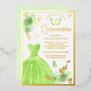 Invitación Con Relieve Metalizado Vestido Floral Verde Lima Mariposa Quinceañera Dor