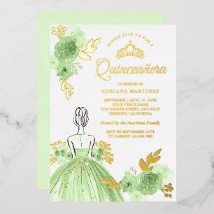 Invitación Con Relieve Metalizado Vestido Floral Verde Menta Princesa Quinceañera Do