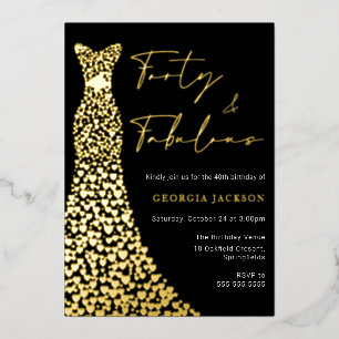 Invitación Con Relieve Metalizado Vestido Forty & Fab 40 cumpleaños negro y dorado