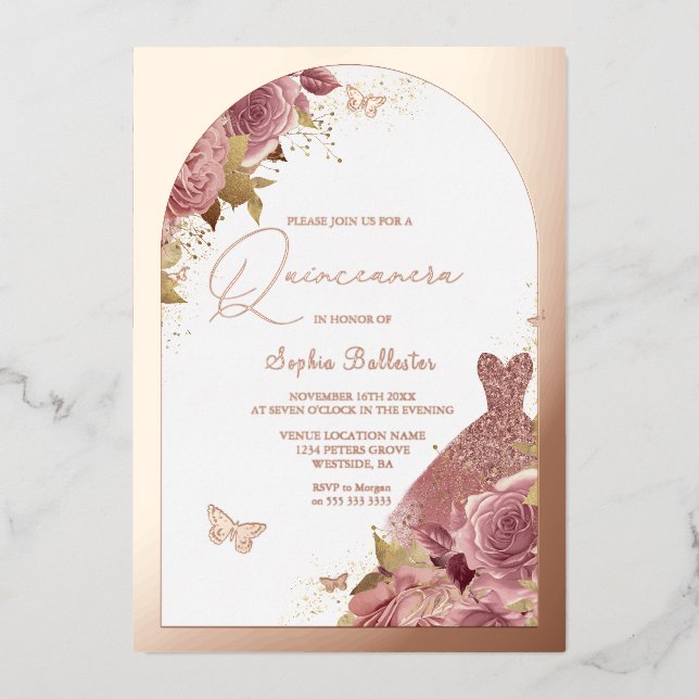Invitación Con Relieve Metalizado Vestido mágico encantado Quinceanera Rosa de oro (Anverso)
