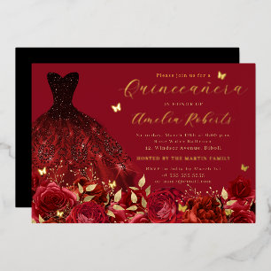 Invitación Con Relieve Metalizado Vestido Mariposa Floral Rojo Oro
