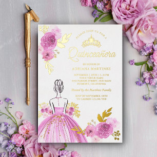 Invitación Con Relieve Metalizado Vestido morado floral Princesa Quinceanera Gold