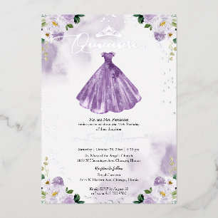 Invitación Con Relieve Metalizado Vestido Morado Quincenera