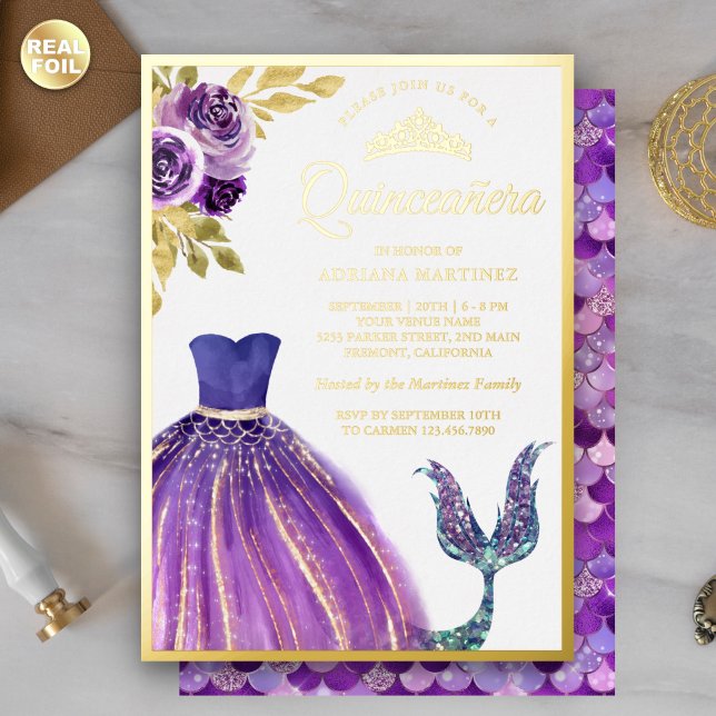 Invitación Con Relieve Metalizado Vestido morado Sirena cola Quinceanera Gold (Subido por el creador)