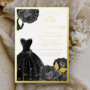 Invitación Con Relieve Metalizado Vestido negro brillante Rosas grises Quinceañera D
