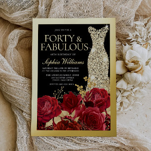 Invitación Con Relieve Metalizado Vestido plateado, rosas rojas y 40 cumpleaños negr