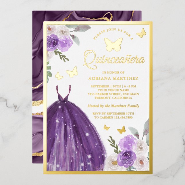 Invitación Con Relieve Metalizado Vestido púrpura Mariposa Floral Quinceanera Gold (Anverso/Reverso)