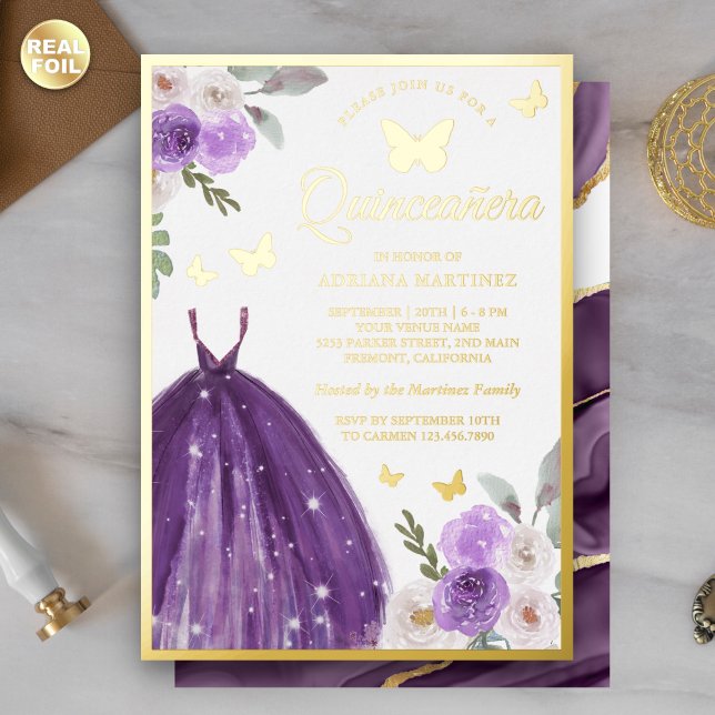 Invitación Con Relieve Metalizado Vestido púrpura Mariposa Floral Quinceanera Gold (Subido por el creador)