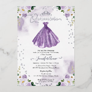Invitación Con Relieve Metalizado Vestido púrpura Quincenera