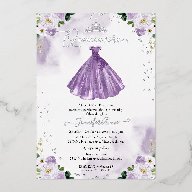 Invitación Con Relieve Metalizado Vestido púrpura Quincenera (Anverso)