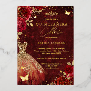 Invitación Con Relieve Metalizado Vestido Quinceañera Mariposa Floral Roja Dorada 