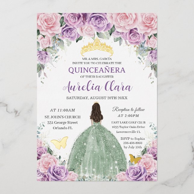 Invitación Con Relieve Metalizado Vestido Quinceañera Morado Rosa Floral Verde Menta (Anverso)