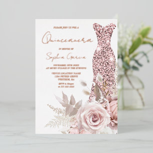 Invitación Con Relieve Metalizado Vestido Quinceañera Real Rosa Dorado, Rosa Blush