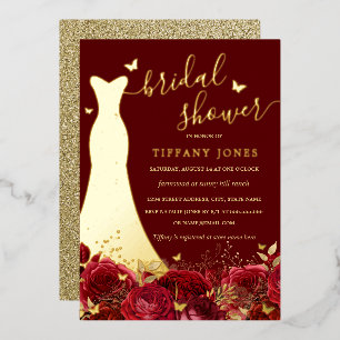 Invitación Con Relieve Metalizado Vestido Red Gold Floral Rosa Bridal Shower