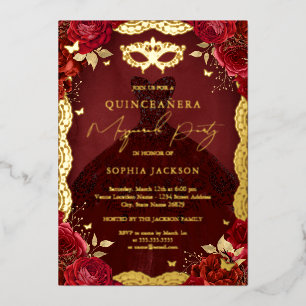 Invitación Con Relieve Metalizado Vestido Rojo Dorado de Máscara Real Quinceañera
