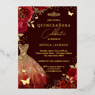 Invitación Con Relieve Metalizado Vestido Rojo Dorado Floral Mariposa Quinceañera