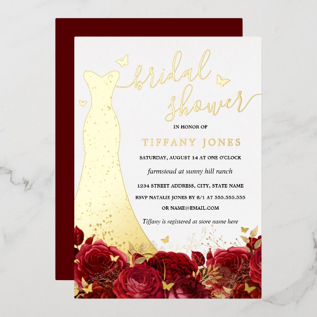 Invitación Con Relieve Metalizado Vestido Rojo Floral Rosa Dorado Ducha Nodal (Anverso/Reverso)